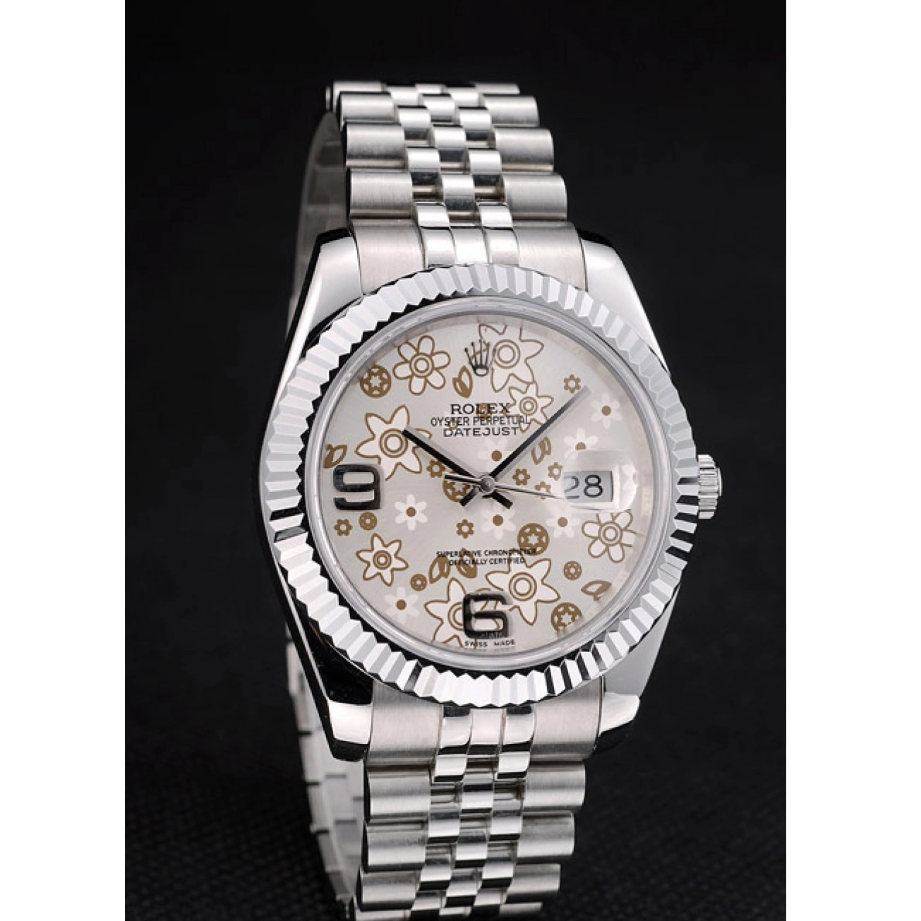 Aaa replica Rolex DateJust Ribbed Bezel Swiss Steel Stainless Flower Silver Dial 42001 0730